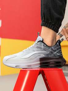 Alfabeto de los hombres impreso antideslizante amortiguación de absorción de choque de aire zapatillas de deporte casuales, color degradado ligero grueso fondo de encaje-up zapatos para correr, nuevo dedo del pie redondo de encaje-up zapatos de tenis de los hombres - Negro - Ver 7