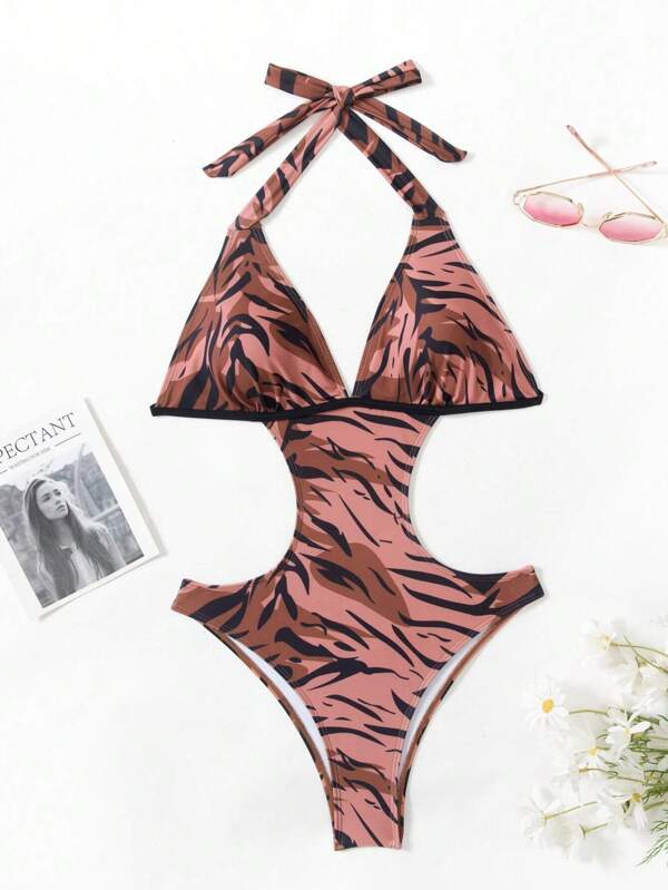 Women Halter Neck Backless Bowknot Digital Printing One-Piece Swimsuit For Vacation, Spa, Party
