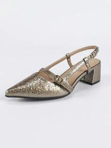 Women's Pointed Toe Chunky Heel Open Back Fashion Sandals - Bronze - View 2