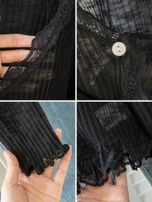 女士蓝色蕾丝边V领罩衫，可爱返校夏季披肩轻薄外套春季黑色 - 黑色 - 查看 9