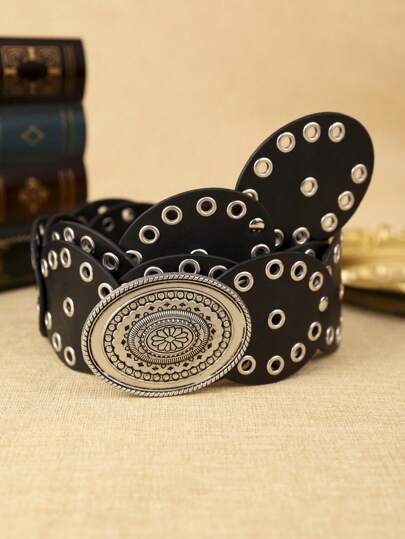 1 pieza Cinturón de mujer de piel de PU con hebilla redonda negra, con decoración floral bohemia, versátil y adecuado para uso diario, fiesta, compras de verano, escuela de otoño, otoño, Halloween