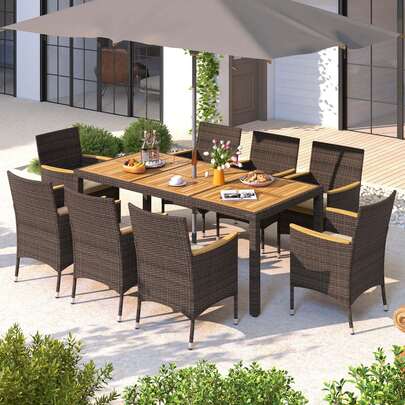 Lifezeal 9PCS Outdoor Dining Set With Acacia Wood Table Top Patio Dining Set For 8 People Navy/Beige