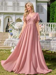 Chiffon Minimalist Sexy Deep V-Neck Ruched Bodycon Party Wedding Dress,Bridesmaid Dress - Coral Pink - View 1