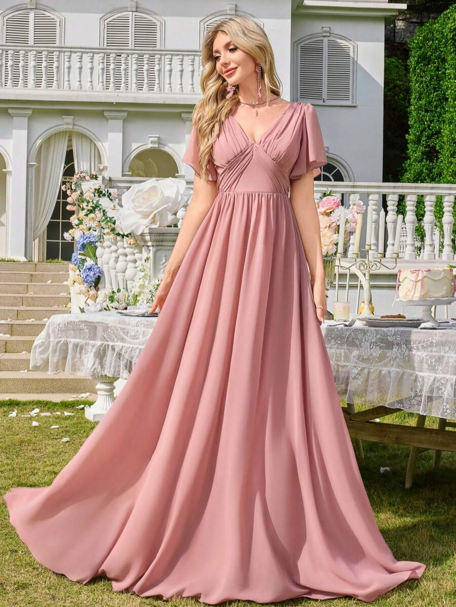 Chiffon Minimalist Sexy Deep V-Neck Ruched Bodycon Party Wedding Dress,Bridesmaid Dress - Coral Pink - View 1