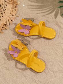 Handcrafted! Pink Dual Strap Design, Accompanied By Lively Yellow Floral And Butterfly Decorations, Comfortable And Skin-Friendly Girls' Summer Exclusive Sandals, Can Be Worn As Slippers - Yellow - View 1