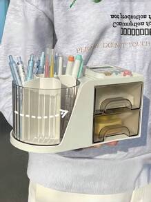 2-Drawer Rotating Desk Organizer, Pen Holder, Desktop Storage Rack And Shelves With 4 Compartments + Drawers, Suitable For Office, Home And Art Supplies