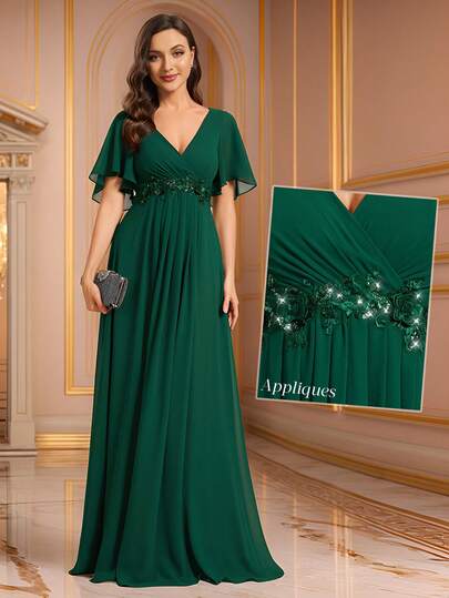 Elegant Winter V-Neck Embroidered Ruffle Sleeve Pleated Chiffon Dark Green Bridesmaid Dress, Wedding Guest Dress, Semi-Formal Evening Gown, New Year Dress Spring