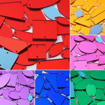 50pcs Assorted Shape Acrylic Mirror Patches, Multi-Color, 2 Hole Sewing Craft Supplies