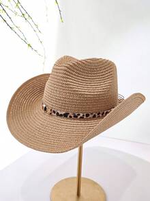 Unisex Boho Leopard Print Decorated Western Style Straw Hat, New Spring/Summer Woven Cowboy Cap, Knight Hat, Beach Vacation Sun Hat, Jazz Hat - View 1