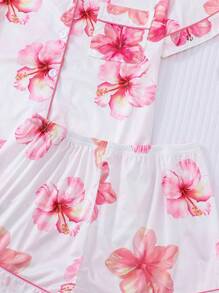 Conjunto de pijama de 2 piezas con estampado floral hawaiano para mujer, blusa de manga corta con cuello y pantalones cortos de cintura elástica, ropa de dormir de moda para fiestas de vacaciones y uso casual en casa
