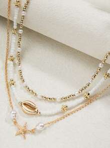 Set de 3 collares largos multienlace con cuentas de vidrio bohemias, conchas metálicas y colgante de estrella de mar, adecuados para usar en vacaciones en la playa por mujeres