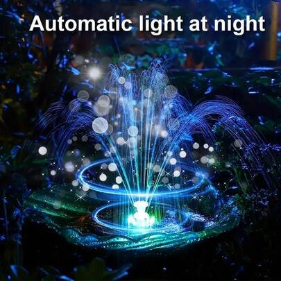 太阳能鸟浴喷泉泵套件带 LED 灯，多色夜间喷水模式，适用于鸟浴，太阳能喷泉泵套装带 6 种不同喷嘴，适用于池塘、游泳池等户外花园装饰