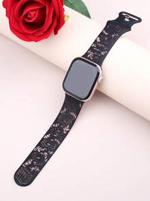 1 件柔软舒适的雕花书主题硅胶运动表带，兼容 Series Se/10/9/8/7/5/4/3/ Ultra Watch，41mm/40mm/44mm/45mm/42mm/38mm/49mm/46mm，男女通用校园风格 - 黑色錶帶配粉紅色書 - 查看 9