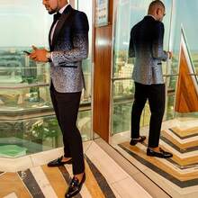 Men Sequin Shiny Prom Suit Jacket One Button And Blazers Tuxedo For Wedding Banquet - 黑色 - 查看 2