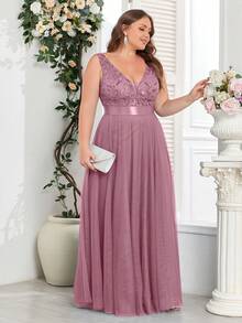 Plus Size Contrast Sequin Embroidered Mesh Bridesmaid Dress,Prom Gown, For Wedding Guest Gown, Graduation, Dinner Party Dress - Dusty Pink - View 6