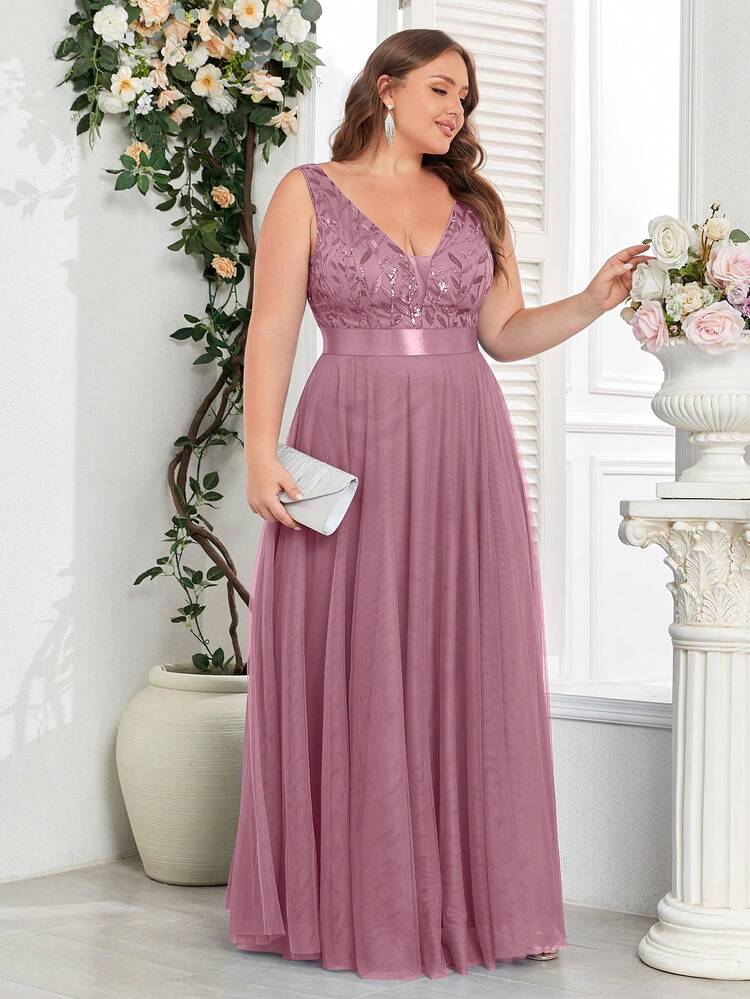Vestido de dama de honor de línea A con escote en V sin mangas, bordado floral y lentejuelas de malla, talla grande, elegante vestido de fiesta, vestido de noche formal, vestido de invitada de boda para graduación primaveral - Rosa vieja - Añade 5