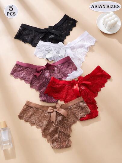 Calcinha fio dental feminina com laço de renda, 5 peças, Dia dos Namorados, elegante, sexy, com acabamento em renda, confortável, translúcida, cor sólida, elástica, macia, preta e vermelha, roupa íntima feminina