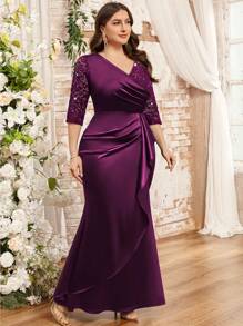 Plus V-Neck Sequin Floral Lace Contrast Ruched Ruffle Trim Satin Mermaid Hem Evening Party Dress, Formal Gown, Winter Dress, Valentine Day Dress, For Wedding Guest, Graduation, Dinner - Maroon - View 6