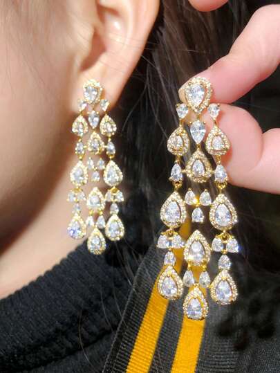 1 par de pendientes colgantes de araña con circonita cúbica brillante, chapados en plata y oro amarillo, joyería nupcial para mujeres, novias, damas de honor, boda, compromiso, banquete, concurso de belleza, baile de graduación, regalo de Navidad