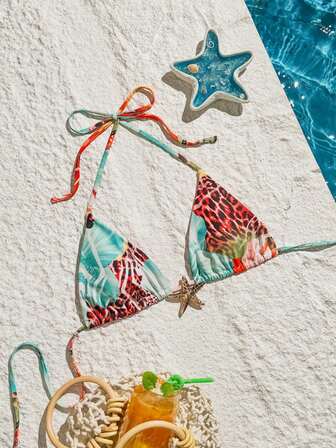 New Beach Pool Party Sexy And Fashionable Leopard Print Flower Print Metal Starfish Bikini Split Top For Women