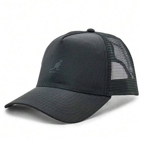 Kangol ✅ 泡泡紗網眼卡車司機帽：紋理滌綸，網眼後面板，可調節按扣閉合，經典卡車司機風格，舒適透氣純色休閒棉 - 黑色 - 查看 1