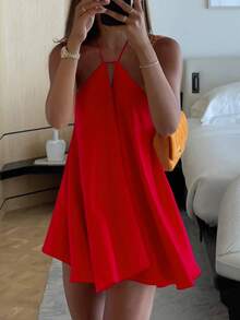 Spring/Summer Women Sexy Deep V Neck Spaghetti Strap Backless Loose A-Line Ruffled Hem Mini Dress, Suitable For Vacation, Streetwear, Tropical Style - View 7