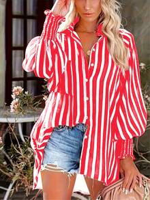 Plus Size Women Striped Distressed Looking Loose Flare Sleeve Casual Shirt - Red - View 1