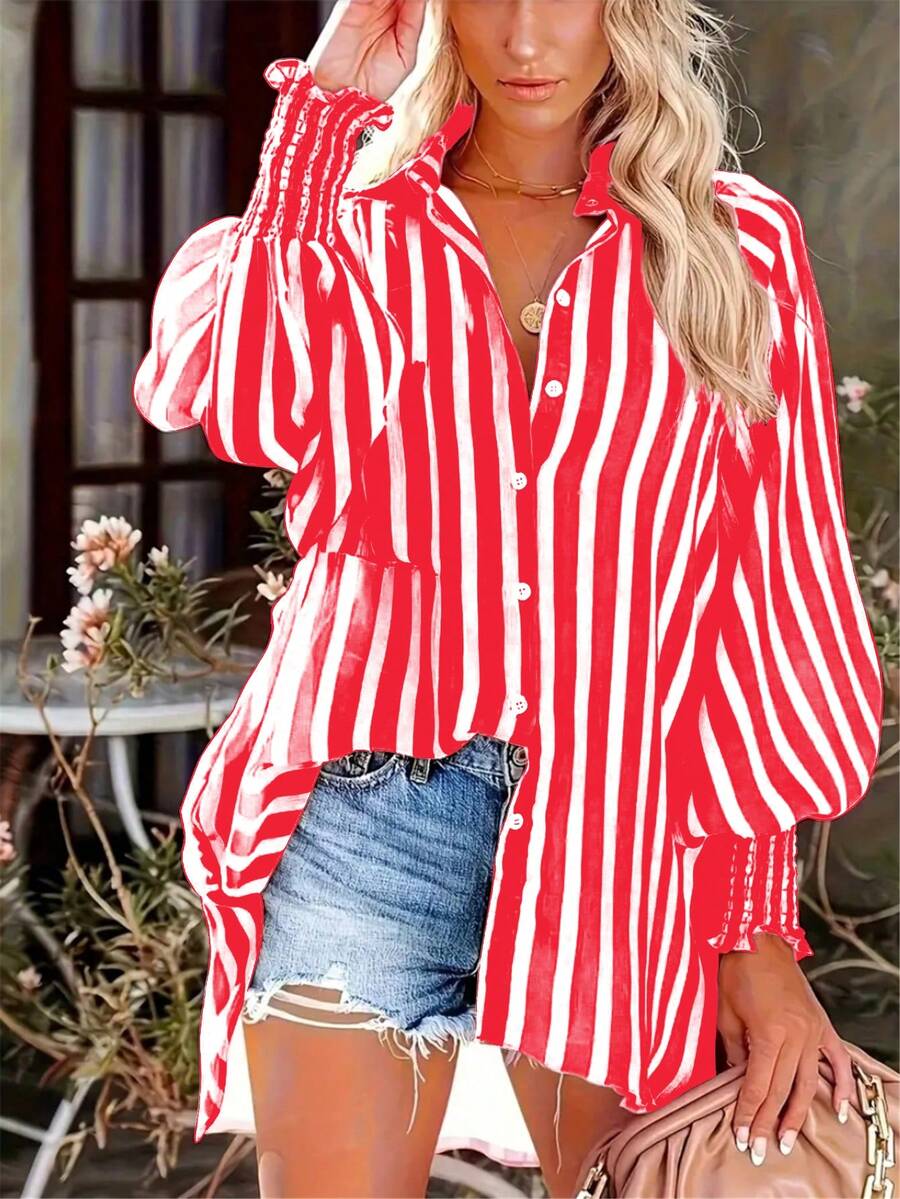 Plus Size Women Striped Distressed Looking Loose Flare Sleeve Casual Shirt - Red - View 1
