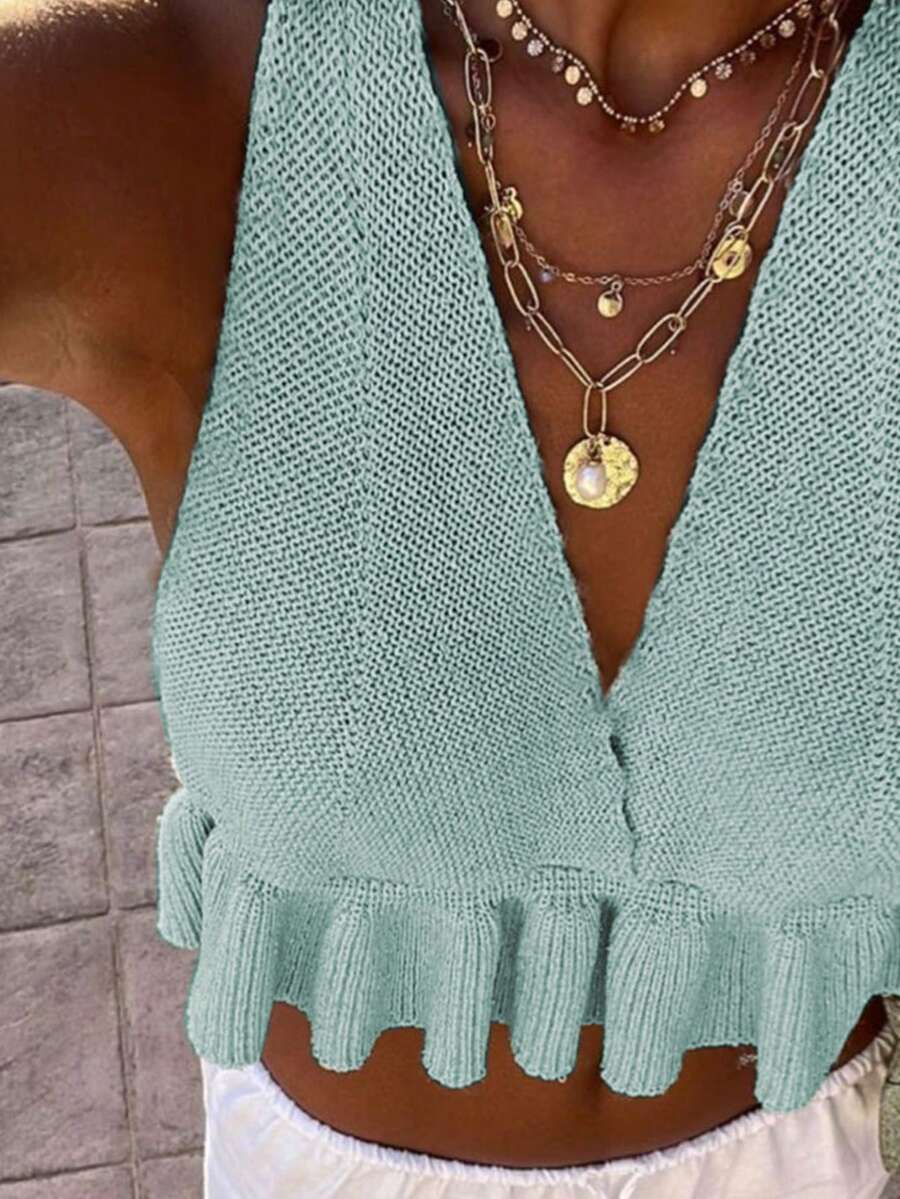 Women's V-Neck Ruffled Trim Knit Sweater, Lightweight For Summer - Baby Blue - View 1