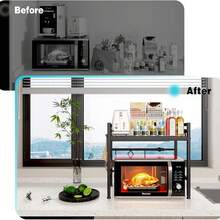 Adjustable Microwave Rack, Space Saving Microwave Rack With 6 Hooks, Metal Kitchen Countertop Storage Rack, Carbon Fiber Look Kitchen Rack, Easy To Install Super Practical Storage Rack, Kitchen Storage Organizer, Black Bread Rack, Microwave Rack, Load Capacity 75 Kg, Suitable For Kitchen Storage Rack, Microwave Rack, Kitchen Rack, Countertop Baking Rack, Microwave Rack - 黑色 - 查看 4