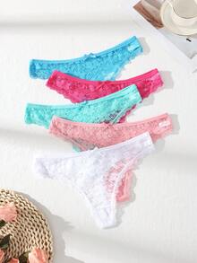 5pcs/Pack Solid Color Romantic Lace Patchwork Bow Decor Thong Panties, Stretchy & Comfortable Women's Underwear - Multicolor - View 3