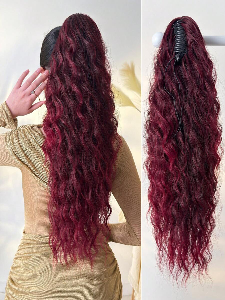 26 Inch Wavy Fiber Ponytail Wig, Wine Red, Heat Resistant, Suitable For Women's Daily Use