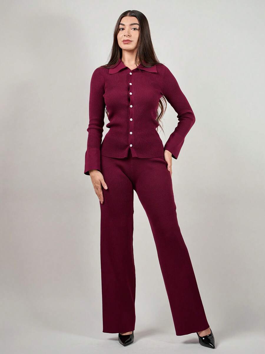 Andrea Bello 女士春秋冬优雅商务通勤套装酒红色休闲简约针织毛衣套装安科拉红色毛衣2件套酒红色针织开衫与裤子套装