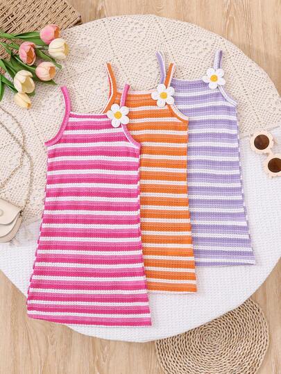 Girls Casual Ombre Striped Open Shoulder Floral Dress, Cute Sleeveless Sundress For Party, Leisure, Holiday And Daily Wear, Summer'