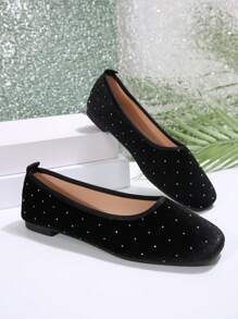 Women Plain Color Rhinestone Decor Flat Shoes, Lightweight Walking Shoes, Soft Bottom, Casual Slip-On Flat Shoes