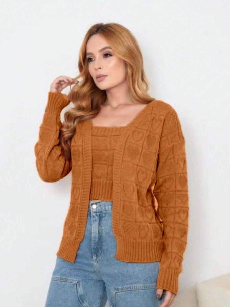 WINTER COLD WEAR BLOUSE LONG SLEEVE KIMONO WOMEN'S FASHION TWO PIECE COAT WITH TOP KNITTED HEART PRINT SWEATER - Rỉ Nâu - Xem 1
