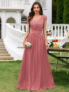 MIUSOL Contrast Sequin Lace Deep V-Neck Cap Sleeve Ruched Hem Evening Party Long Dress, Formal, Gown, For Wedding Guest - Dusty Pink - View 6
