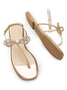 Women Bowknot Thong Sandals Rhinestone Flat Sandals Summer With Adjustable Buckle Vacation Sandals Shoes - Rose Gold - View 8
