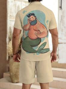 1 Set Printed Mermaid Muscle Man Short Sleeve Shirt & Solid Color Shorts Casual Suit For Men, Suitable For Daily Outdoor Holiday Wear