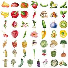 50Pcs Cartoon Watercolor Stickers Fruit Stickers Vegetable Stickers Food Stickers Party Favor Stickers Fruit Decor Vinyl Waterproof Stickers For Water Bottle,Computer,Laptop,Phone,Luggage,Notebook,Fridge