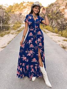 Rusttydustty Robe légère et confortable à col V noir avec motif floral, style bohème, ambiance exotique, convient pour les vacances à la plage et les festivals de musique - Bleu azur - Voir 3