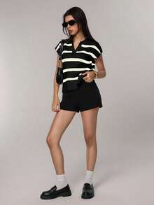 FOR BEAUTY 春夏新款复古条纹撞色翻领无袖针织衫，宽松休闲套头衫，通勤时尚上衣，新年新风尚 - 黑色 - 查看 8