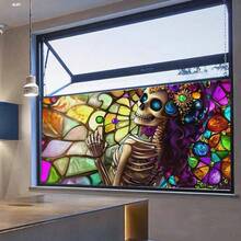 1 Rolle leicht zuschneidbare einseitig bunte Skelett Fensterfolie mit Frosteffekt, statische Haftung ohne Klebstoff, Buntglas Fensterfolie Kunst Dekoration, Fensteraufkleber, Fenstersticker