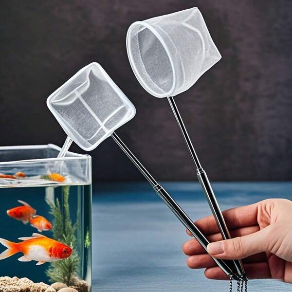 Rede de peixes de aquário 3D Spider-Web - Malha densa retrátil para alevinos e camarões, colher multiuso para comida de peixe/resíduos com cabo telescópico