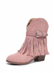 女士舒适百搭一脚蹬低帮踝靴，粉色条纹，流苏，粗跟，圆头，适合通勤、日常和度假，四季皆宜