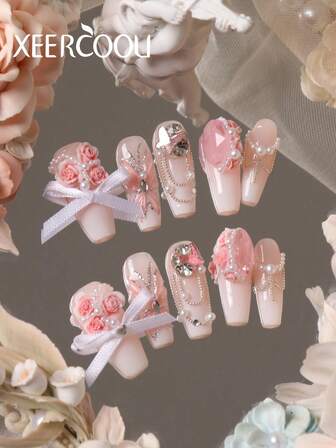 10 st. tryck-på-naglar för skolan, handritade blommor, tung industri, rosa sniderier, dropplim, fjäril, söta naglar, långa naglar, tryck-på-naglar, set innehåller 1 ark självhäftande flikar och 1 st. minifil