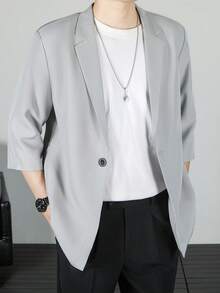 Men's 3/4 Sleeve Casual Suit Jacket, Korean Stylish Relaxed Fit Blazer - Light Grey - View 9