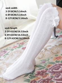 1 Pair Girls' Bowknot Hollow Breathable Knee-High Socks, Suitable For Daily Wear - White - View 7