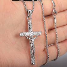 Trendsmax Silver Color Stainless Steel Jesus Christ Cross Pendant Necklace With Box Chain Summer Jewelry For Men Women 16inch - 16" Box Chain - 查看 3