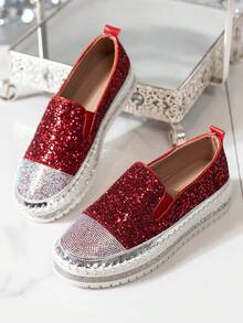 Minimalist European & American Fashion Slip-On Flat Shoes With Rhinestones, Shiny Decorative & No Buckle Design - Red - View 5